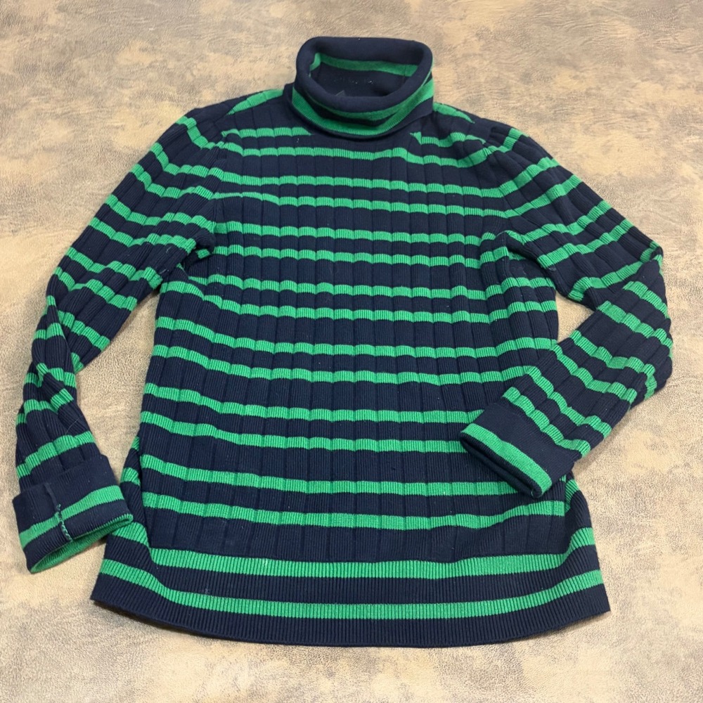 Talbots Turtleneck Sweater Womens Medium Blue Green Striped Ribbed Knit